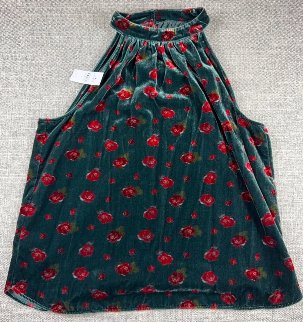 NWT LOFT Women M Green Velvet Floral Halter Top Red Rose Sleeveless Holiday